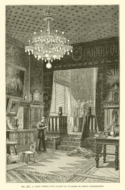 Salón de Objetos de Arte Iluminado por una Araña de Lámparas de Incandescencia de French School